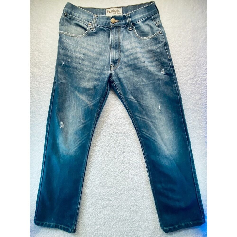 Paper Denim & Cloth Men's 30x28 Straight Leg Distressed Blue Denim Jeans